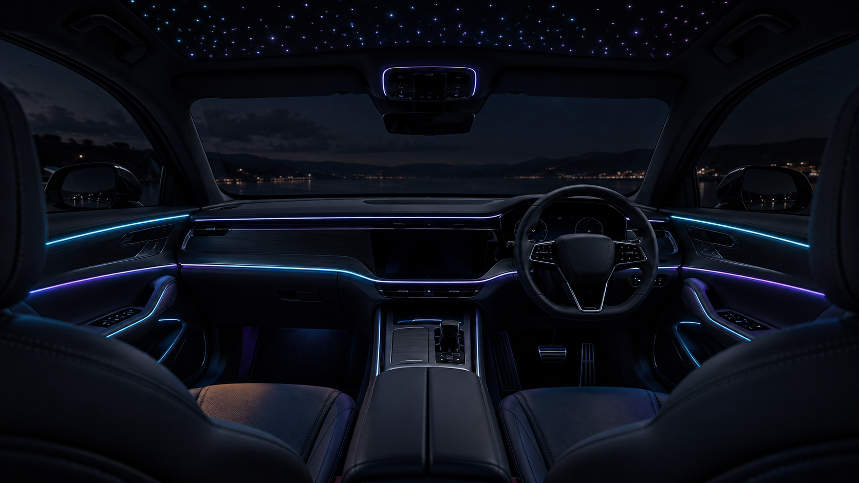Concept of a cabin with ambient lighting and a starlight roof