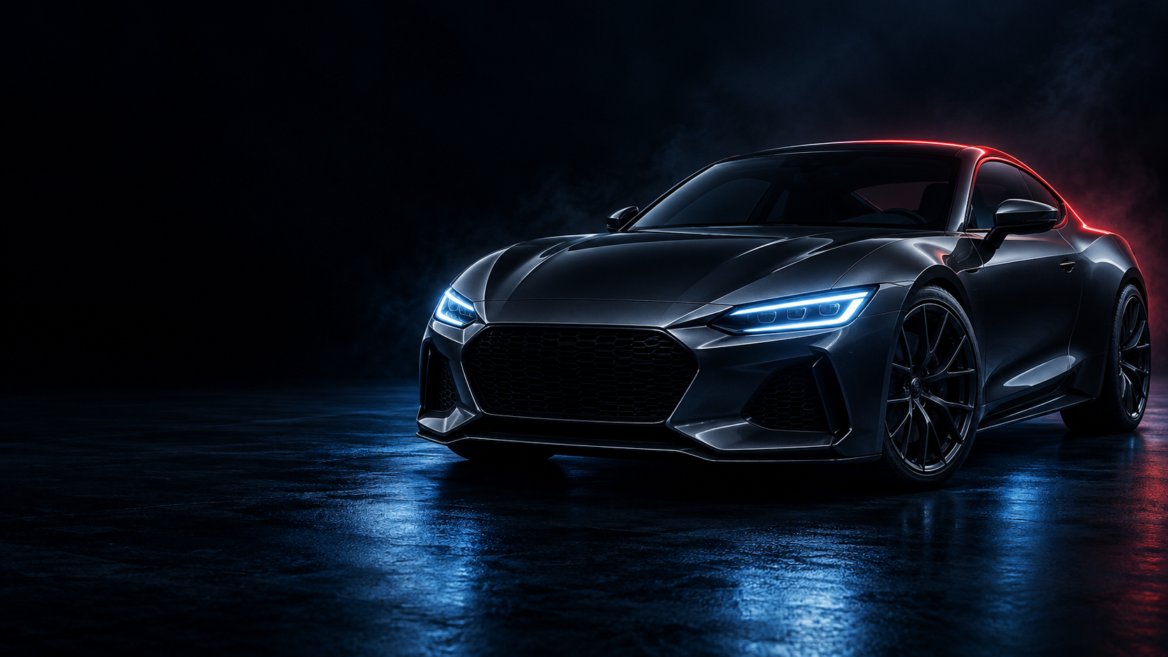 Cinematic concept of a graphite coupe with illuminated headlights